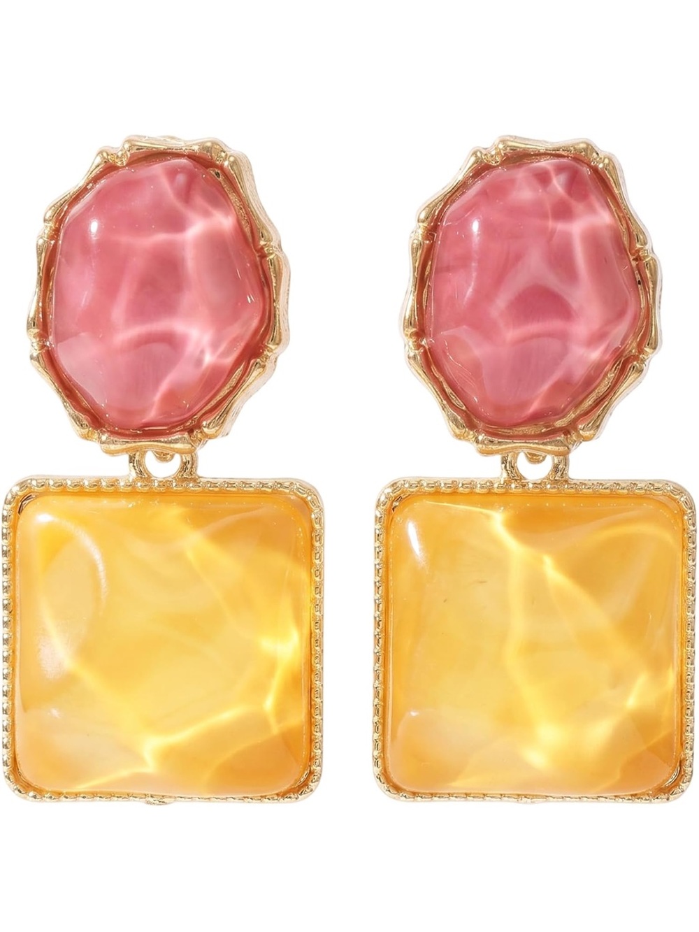 Anthropologie Pink and Yellow Gold-Trim Resin Drop Earrings